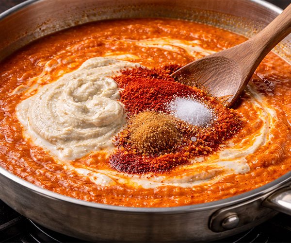 Cashew paste and spices being stirred into butter chicken sauce in a pan, creating a rich, creamy base.