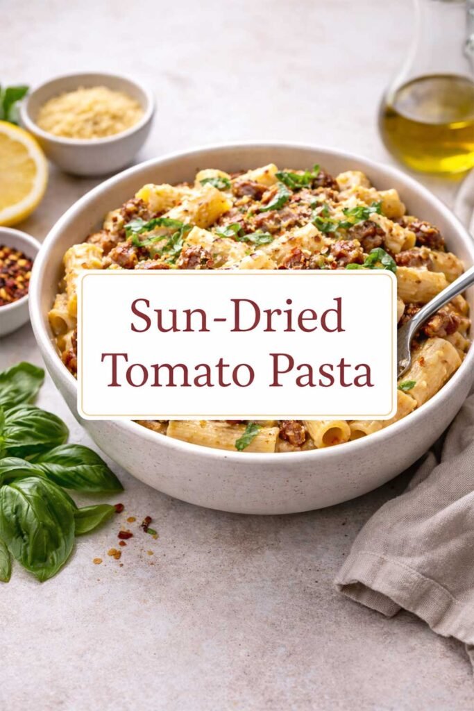 Sun-Dried Tomato Pasta served in a bowl, topped with basil, chili flakes, and vegan parmesan, with title text in a center box.