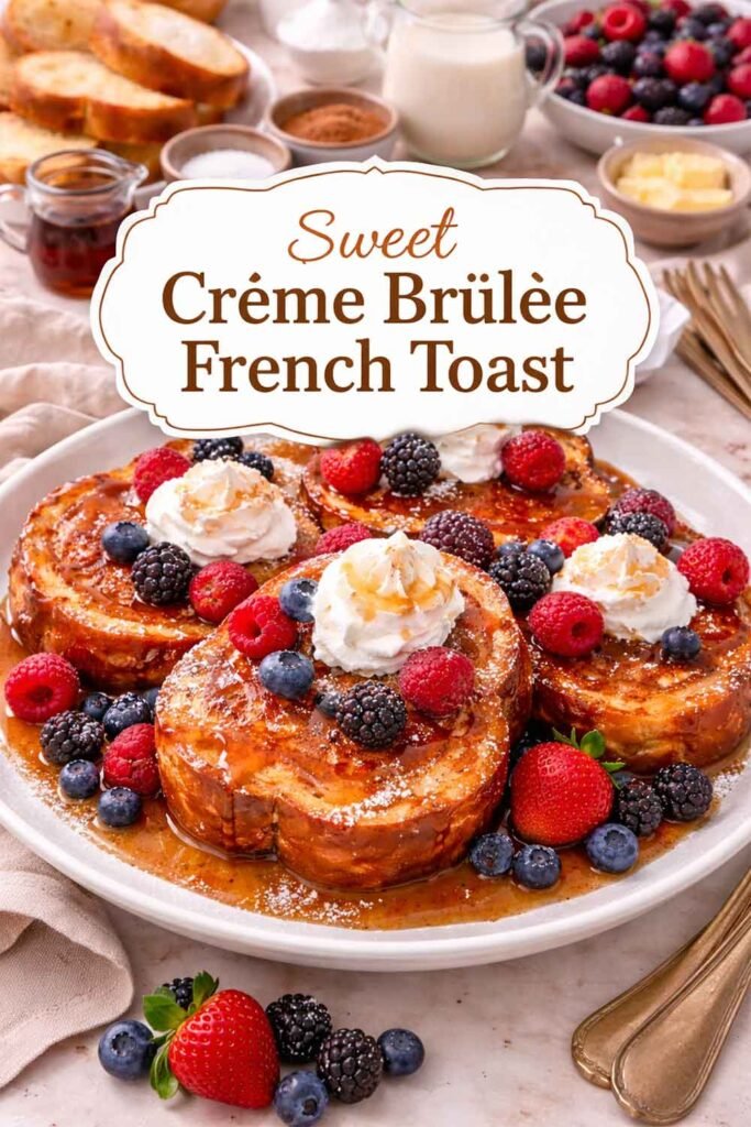 Sweet Crème Brûlée French Toast served with whipped cream and fresh berries, with a title label centered above the dish.