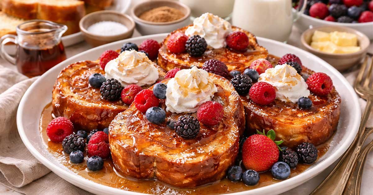 Sweet Crème Brûlée French Toast topped with whipped cream, fresh berries, and caramelized sugar glaze on a white plate.