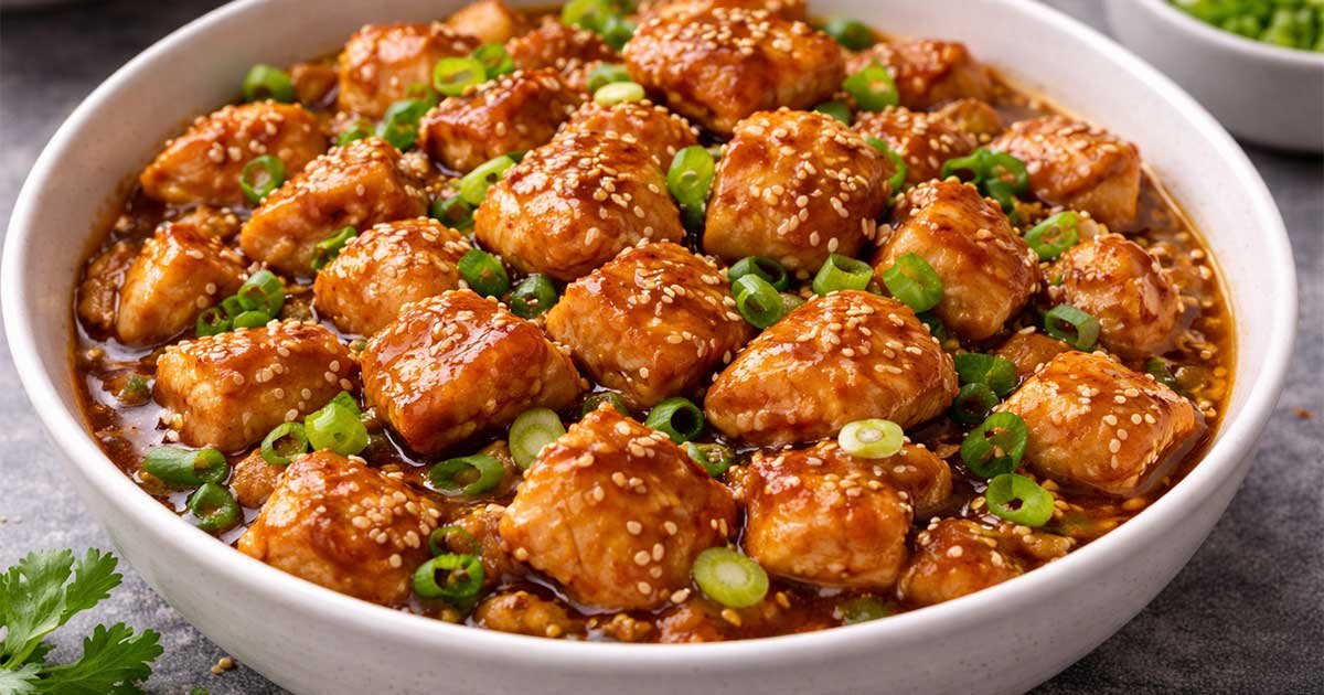 Sweet and savory honey sesame chicken in a bowl topped with sesame seeds and green onions.