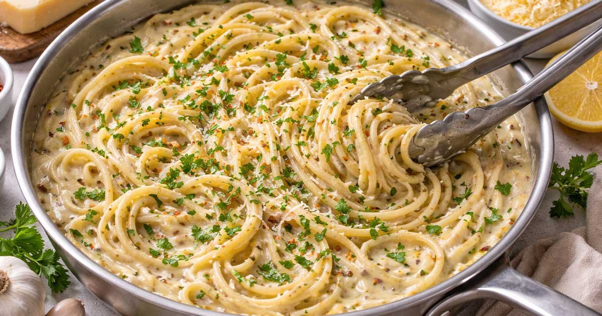 Creamy garlic pasta cooked in one pot, garnished with parsley, Parmesan, and chili flakes in a skillet.