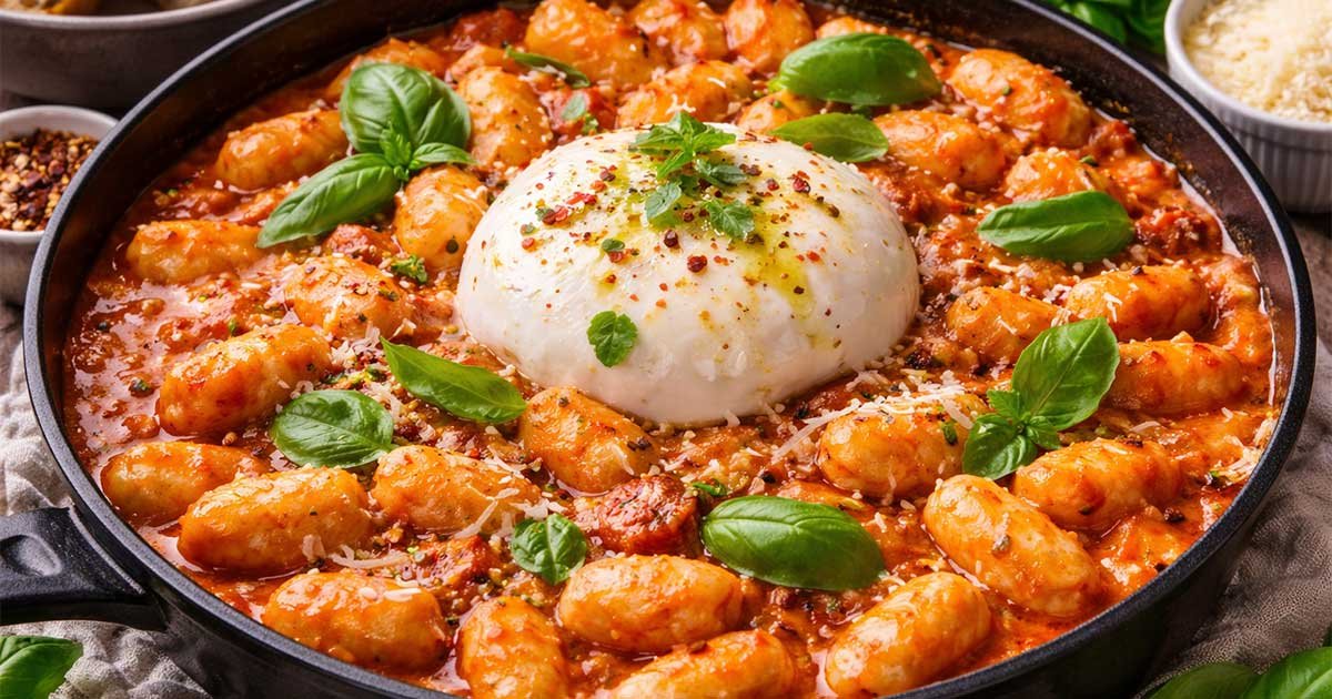 Tomato Gnocchi with Burrata in a skillet, topped with fresh basil and Parmesan.