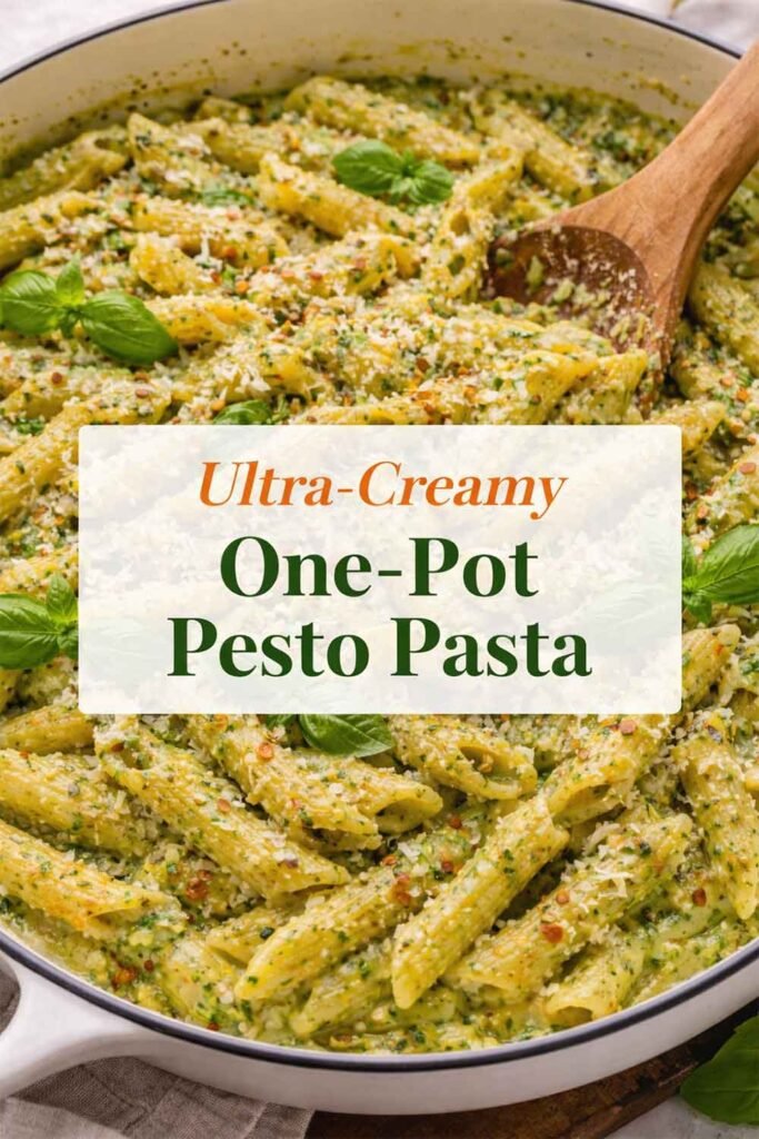 Ultra-creamy one-pot pesto pasta in a skillet with basil pesto sauce, Parmesan, chili flakes, and fresh basil, with title text overlay in center.
