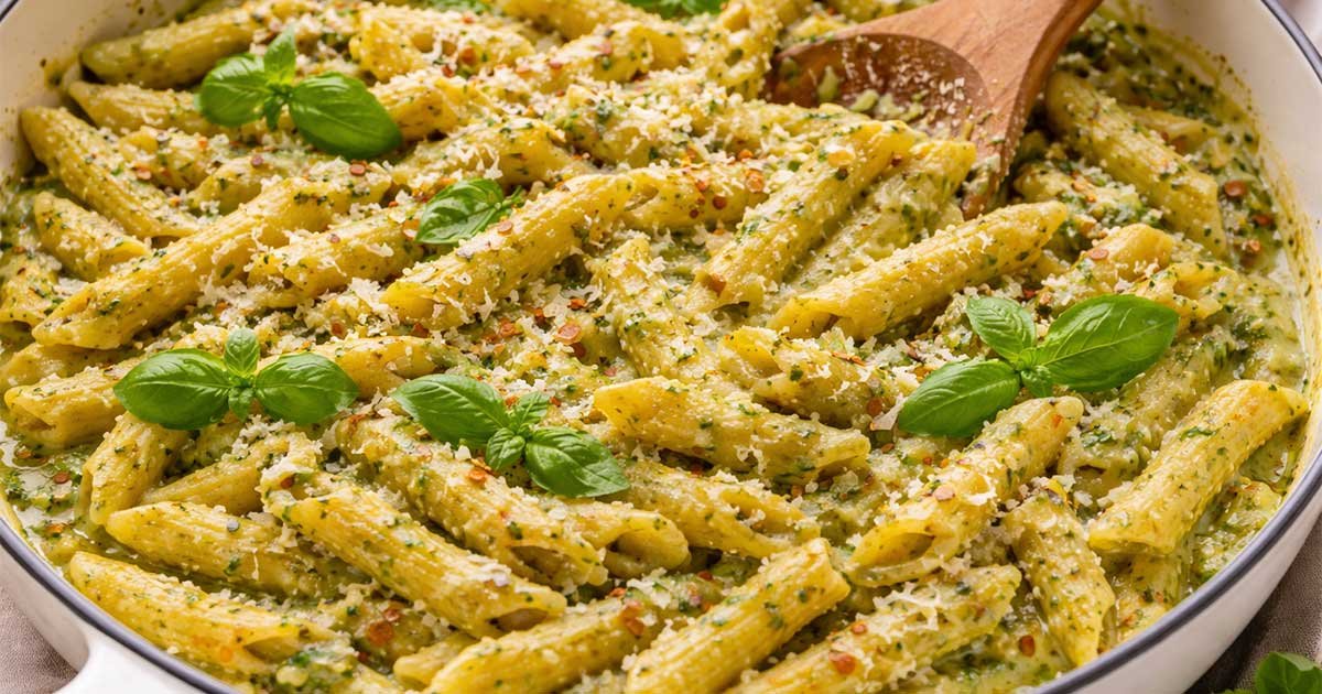 Ultra-creamy one-pot pesto pasta in a skillet, coated in rich basil pesto sauce and topped with Parmesan and fresh basil leaves.