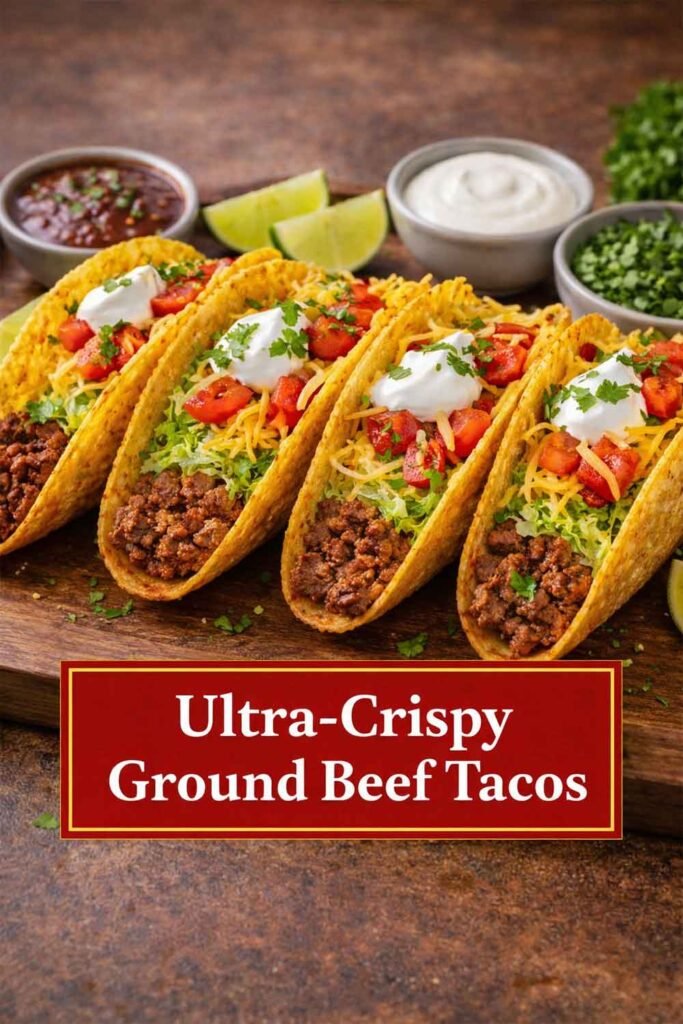 Ultra-crispy ground beef tacos filled with seasoned beef, lettuce, tomatoes, cheese, and sour cream, served with lime and salsa.
