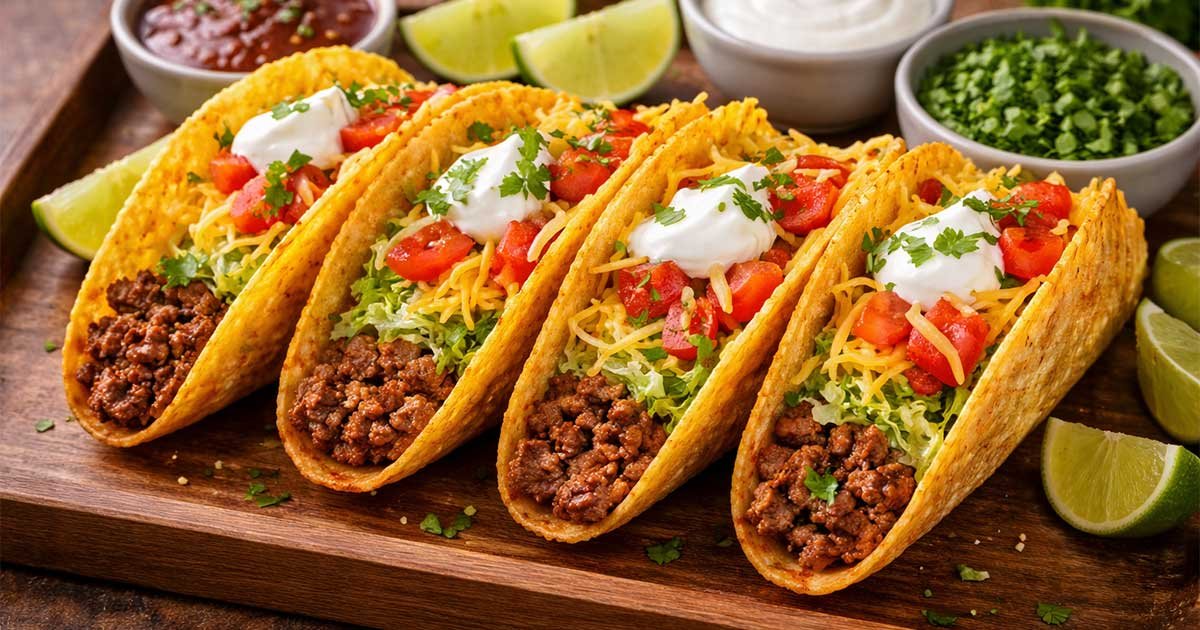 Ultra-crispy ground beef tacos filled with seasoned beef, lettuce, tomatoes, cheese, and sour cream, served with lime wedges and salsa.