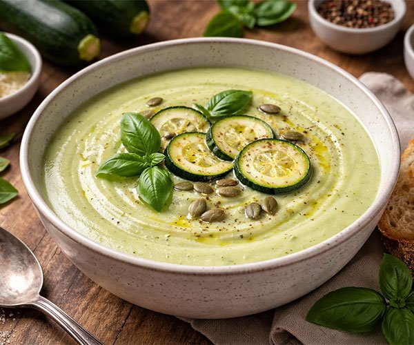 Bowl of creamy zucchini soup topped with zucchini slices, basil leaves, pumpkin seeds, and olive oil on a rustic table with bread and seasonings.