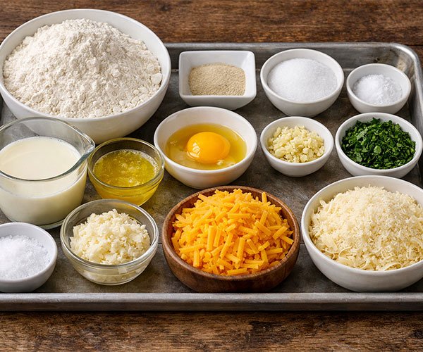 Ingredients for Buttery Cheese Garlic Rolls neatly arranged on a metal tray, including flour, yeast, sugar, salt, milk, melted butter, egg, minced garlic, parsley, and assorted cheeses.
