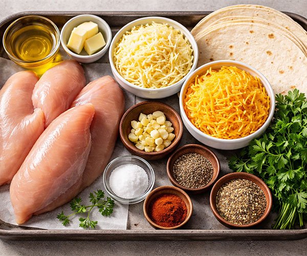 Ingredients for Cheesy Garlic Chicken Wraps arranged on a tray, including raw chicken breasts, tortillas, shredded mozzarella and cheddar, garlic, spices, butter, oil, and fresh parsley.