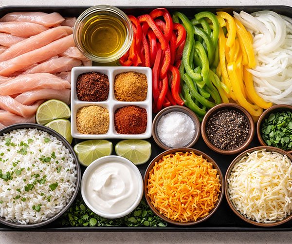 Chicken Fajita Casserole ingredients arranged in a tray with sliced chicken, peppers, onions, spices, rice, cheeses, sour cream, and cilantro.