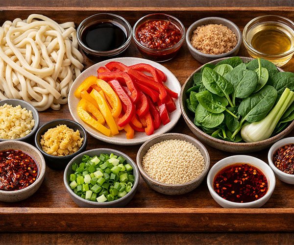 Ingredients for Garlic Chicken Noodles arranged on a tray