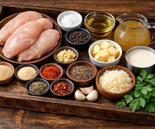 Tray of ingredients for Comfort-Style Creamy Garlic Parmesan Chicken Breast including raw chicken breasts, garlic, butter, heavy cream, chicken broth, Parmesan cheese, parsley, and assorted spices.