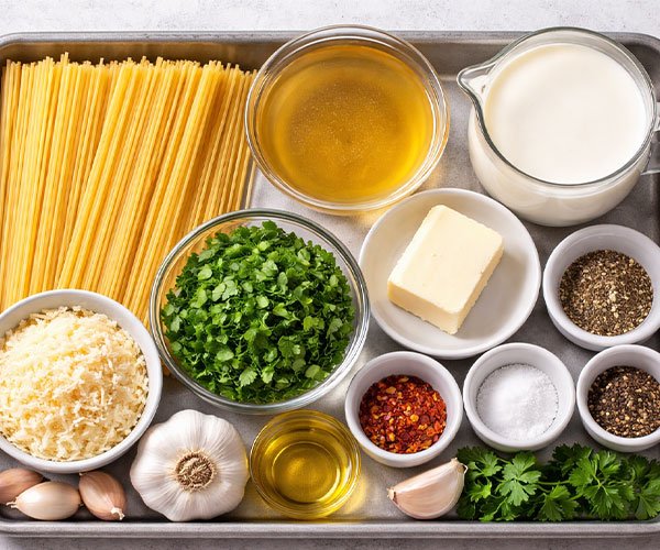 Top-down view of a tray filled with ingredients for creamy garlic pasta including spaghetti, garlic, butter, olive oil, heavy cream, Parmesan, parsley, and seasonings.