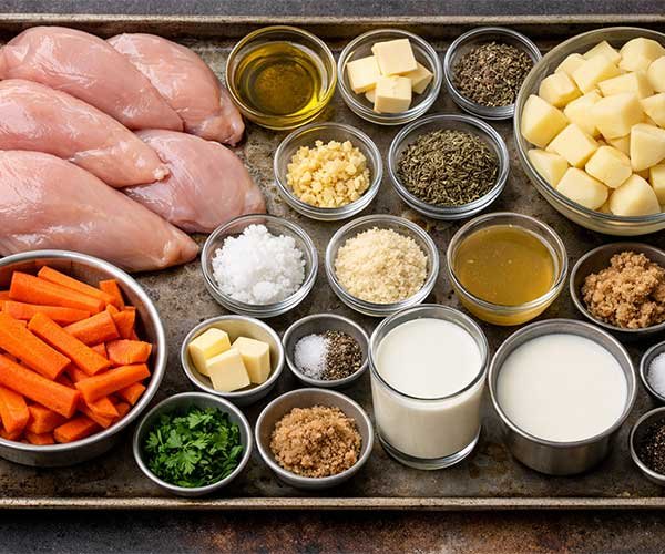 Creamy Herb Chicken ingredients on a tray with chicken, veggies, herbs, cream, and seasonings.