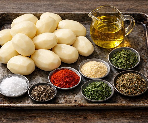 Ingredients for crispy potato chips arranged neatly on a rustic metal tray, including peeled potatoes, cooking oil, salt, black pepper, paprika, garlic powder, and mixed dried herbs in small bowls.