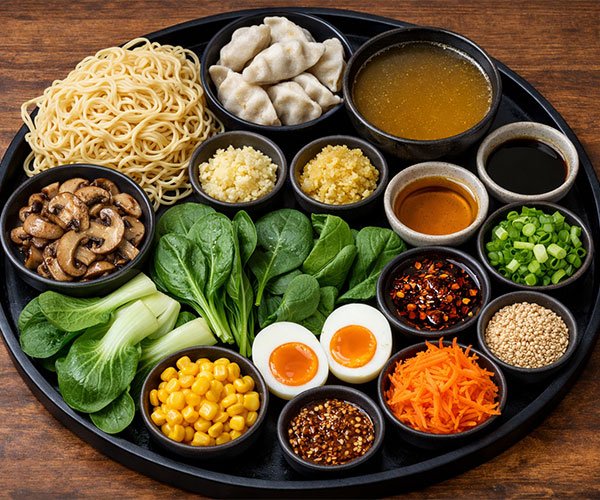 Ingredients for Dumpling Ramen Noodle arranged on a tray, including noodles, dumplings, broth, vegetables, egg, and seasonings.