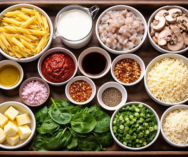 Gochujang pasta ingredients arranged on a tray.