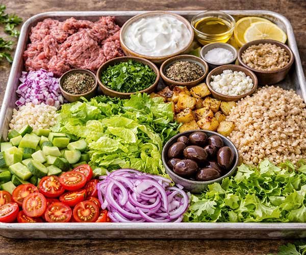 Tray of Greek meatball bowl ingredients with ground meat, yogurt, olive oil, lemon, herbs, rice, roasted potatoes, feta, olives, cucumbers, tomatoes, lettuce, onion, and garlic.