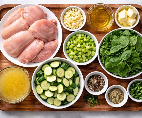 Fresh ingredients for healthy keto chicken soup arranged on a wooden tray, including raw chicken, zucchini, spinach, celery, garlic, broth, butter, olive oil, and seasonings.