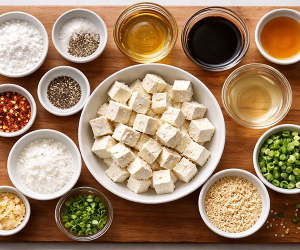 Ingredients for Honey Garlic Tofu neatly arranged on a tray with cubed tofu, sauces, seasonings, and garnishes.