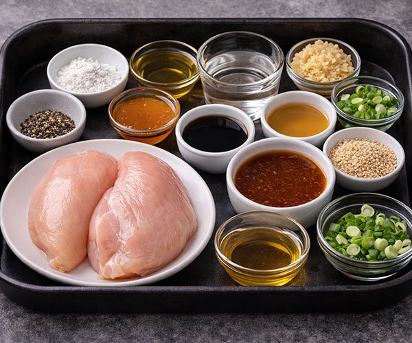 Honey Sesame Chicken ingredients arranged on a tray with chicken, sauces, sesame seeds, garlic, and green onions.