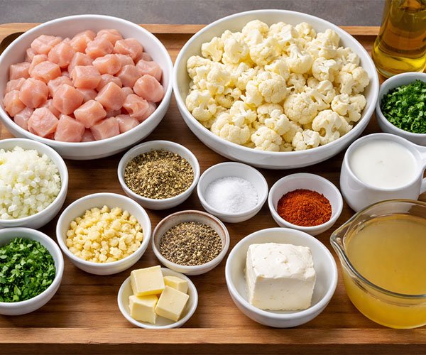 Keto Chicken & Cauliflower Soup ingredients arranged on a wooden tray in small bowls (chicken, cauliflower, onion, garlic, broth, cream, cream cheese, spices, herbs)