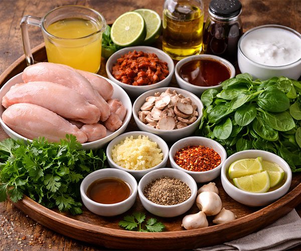 Ingredients for keto Thai curry chicken soup arranged on a tray with chicken, coconut milk, broth, spinach, mushrooms, and spices.