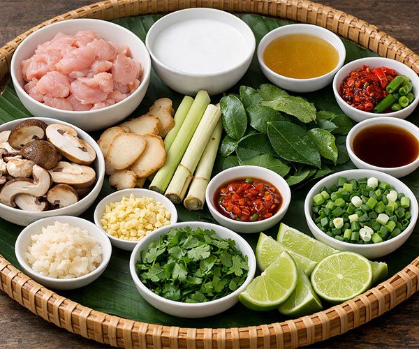 Keto Tom Kha Gai ingredients arranged in a tray.