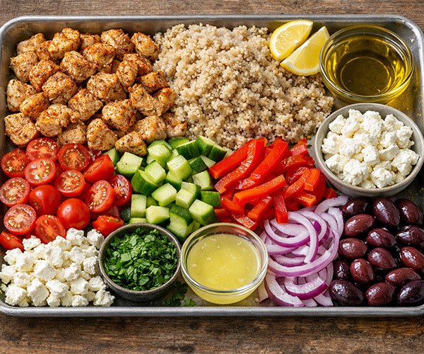 Ingredients for a Mediterranean Chicken Bowl arranged on a tray, including seasoned chicken cubes, quinoa, cherry tomatoes, cucumber, red bell pepper, red onion, Kalamata olives, feta cheese, lemon juice, olive oil, and fresh parsley.