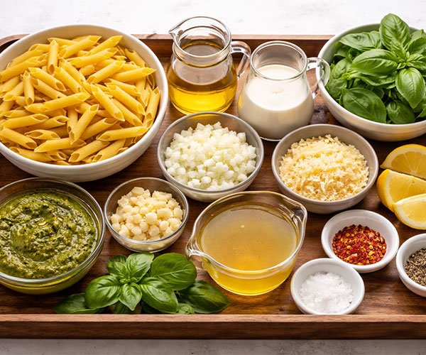 Ingredients for pesto pasta neatly arranged on a wooden tray, including penne pasta, olive oil, cream, pesto, chopped onion, garlic, broth, basil, Parmesan, chili flakes, salt, and pepper.