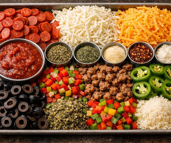 Tray of pizza chip ingredients with pepperoni, cheeses, sauce, veggies, and spices.