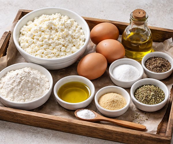Ingredients arranged on a wooden tray for Quick Cottage Cheese Flatbread, including cottage cheese, eggs, flour, olive oil, baking powder, salt, garlic powder, dried herbs, and black pepper.