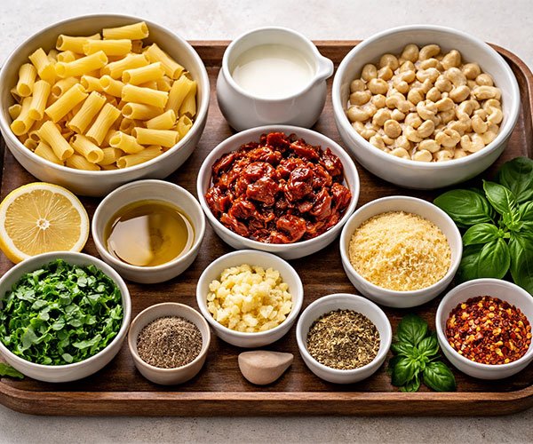 Rich & Creamy Sun-Dried Tomato Pasta ingredients neatly arranged on a wooden tray, featuring pasta, soaked cashews, plant-based milk, sun-dried tomatoes, garlic, olive oil, basil, nutritional yeast, lemon, and spices.
