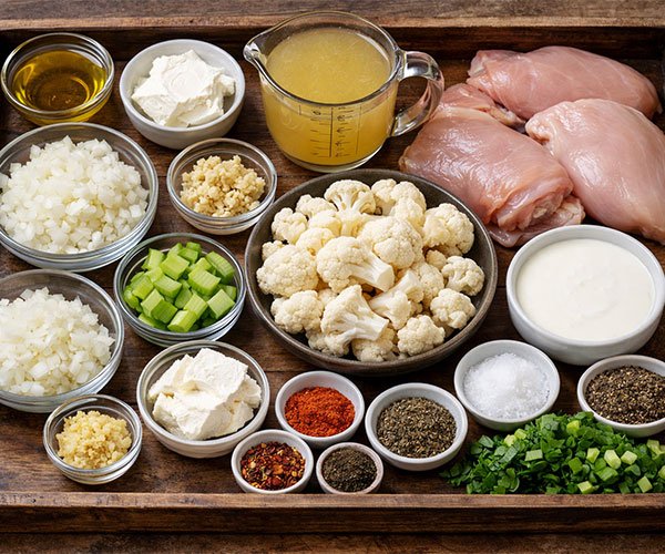 Tray with chicken, veggies, cream, broth, and spices for warm keto soup.