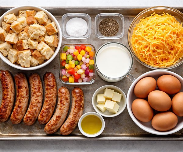Ingredients for sausage and egg casserole neatly arranged on a tray, including breakfast sausages, whole eggs, shredded cheese, milk, bread cubes, chopped vegetables, butter, oil, salt, and black pepper.