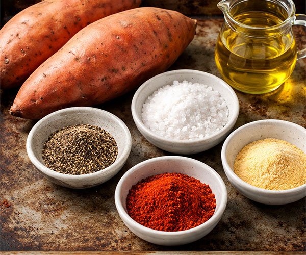 Ingredients for sweet potato fries arranged on a metal tray, including whole sweet potatoes, olive oil, cornstarch, salt, black pepper, smoked paprika, and garlic powder in small bowls.