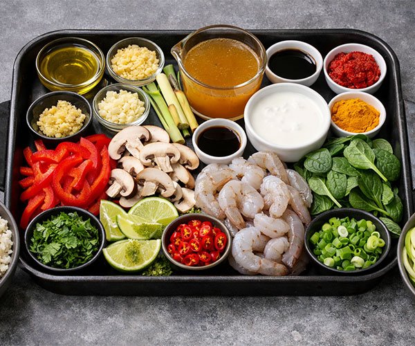 Thai shrimp soup ingredients neatly arranged on a tray with shrimp, coconut milk, lemongrass, vegetables, herbs, and spices.