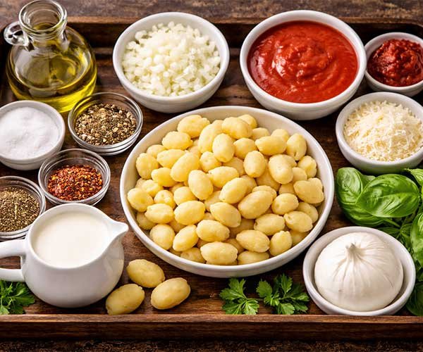 Ingredients for Tomato Gnocchi with Burrata arranged on a tray, including gnocchi, tomato passata, cream, onion, garlic, herbs, and cheeses.