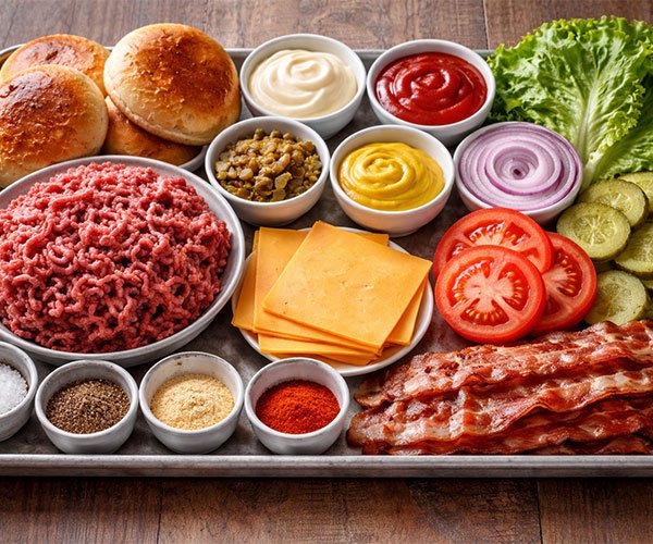 Ingredients for Ultimate Smash Burger with Secret Sauce arranged on a tray.