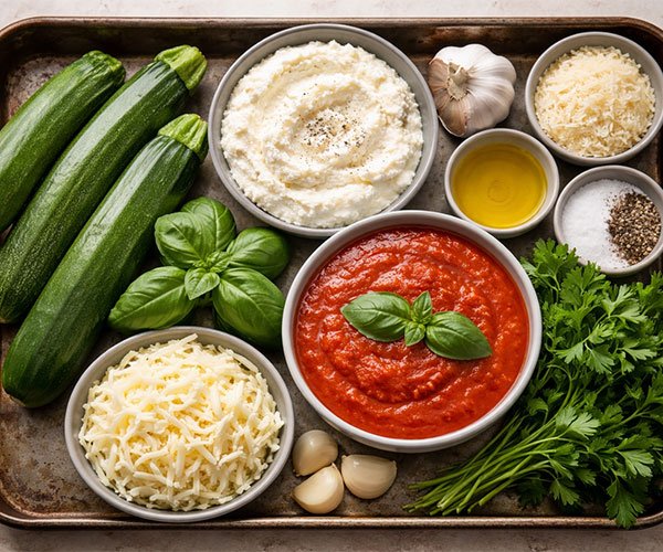 Ingredients for zucchini rollatini arranged on a tray, including fresh zucchini, ricotta, mozzarella, Parmesan, marinara sauce, basil, parsley, garlic, and olive oil.