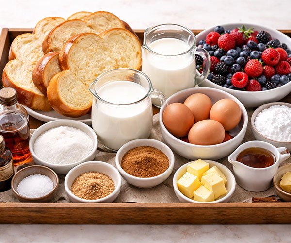 Ingredients for Crème Brûlée French Toast arranged on a tray, including brioche bread, eggs, milk, cream, sugar, butter, vanilla, cinnamon, berries, and syrup.