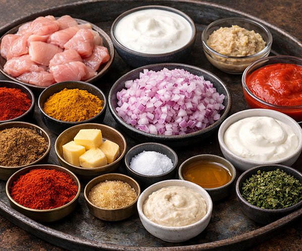 Butter Chicken recipe ingredients arranged in small bowls on a rustic metal tray, including raw chicken, yogurt, spices, tomato puree, butter, onions, cream, and cashew paste.