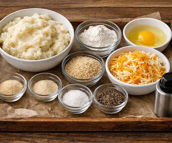 Ingredients for Crispy Air Fryer Cheesy Mashed Potato Balls arranged on a tray, including mashed potatoes, shredded cheese, egg, flour, breadcrumbs, and seasonings.