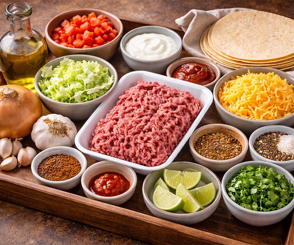 Ingredients for Ground Beef Tacos arranged on a tray, including ground beef, tortillas, lettuce, tomatoes, cheese, spices, and sauces.