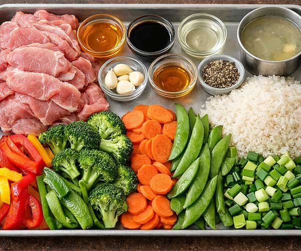 Ingredients for Honey Garlic Pork Rice Bowl arranged on a tray, including sliced pork, rice, vegetables, garlic, sauces, and seasonings.