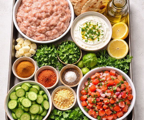 Ingredients for Juicy Chicken Kofta with Creamy Garlic Yogurt Sauce arranged in a tray, including ground chicken, spices, herbs, yogurt sauce, pita, cucumbers, and tomato salad.