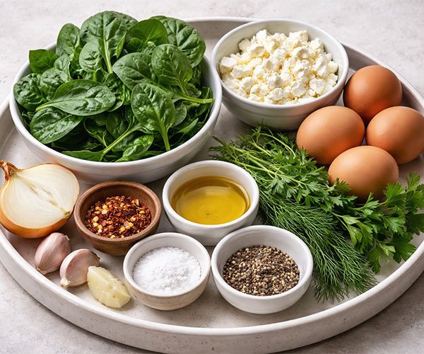 Low-carb egg muffins ingredients including eggs, fresh spinach, feta cheese, onion, garlic, olive oil, and herbs arranged on a tray.