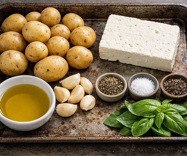 Mediterranean roasted potatoes ingredients tray with feta, garlic, olive oil, oregano, salt, pepper, and basil