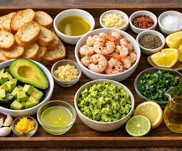 Ingredients for Simple Garlic Shrimp Crostini with Avocado arranged on a wooden tray, including shrimp, baguette slices, avocado, garlic, lemon, herbs, olive oil, and seasonings.